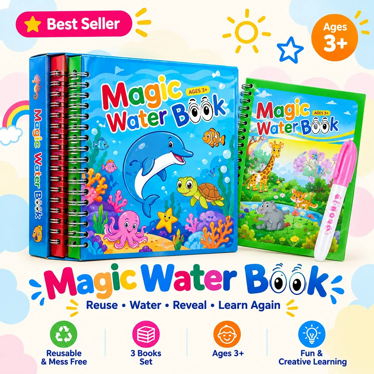 Magic Water Book for kids with water pen