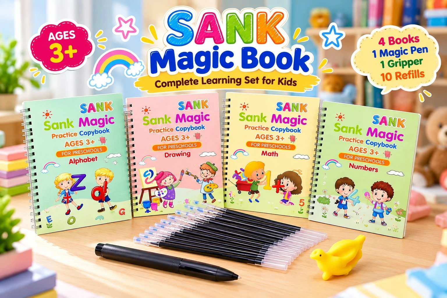 Sank Magic Book complete learning set for kids with 4 books, magic pen and refills