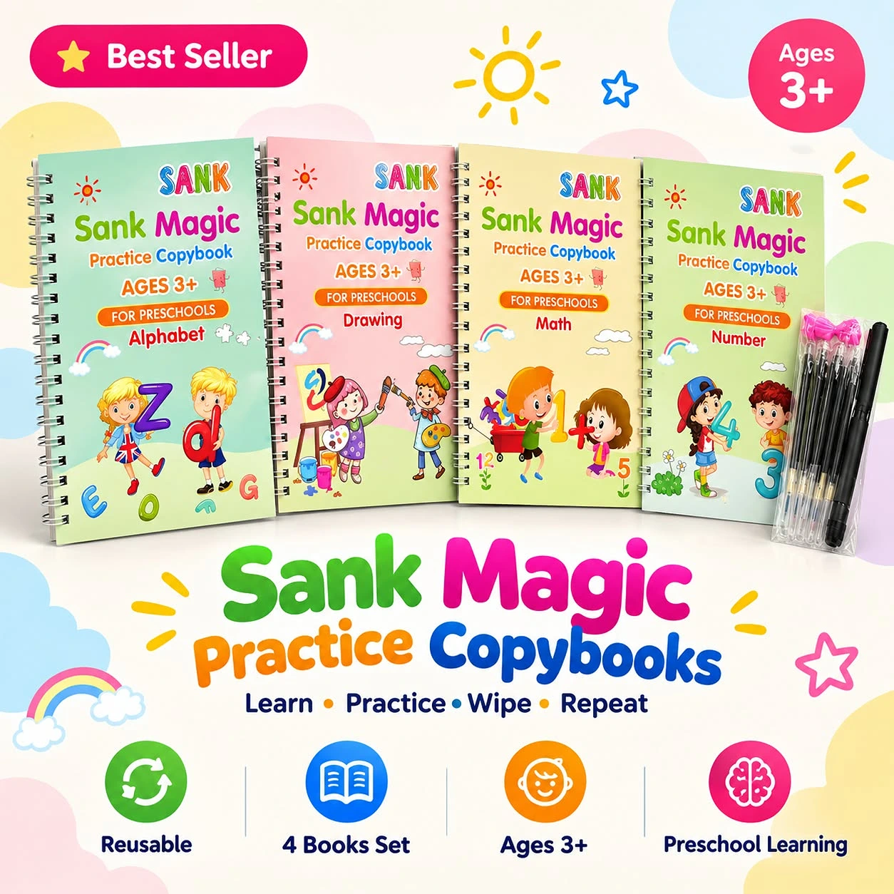 Sank Magic Practice Copybooks set of 4 reusable books with magic pen